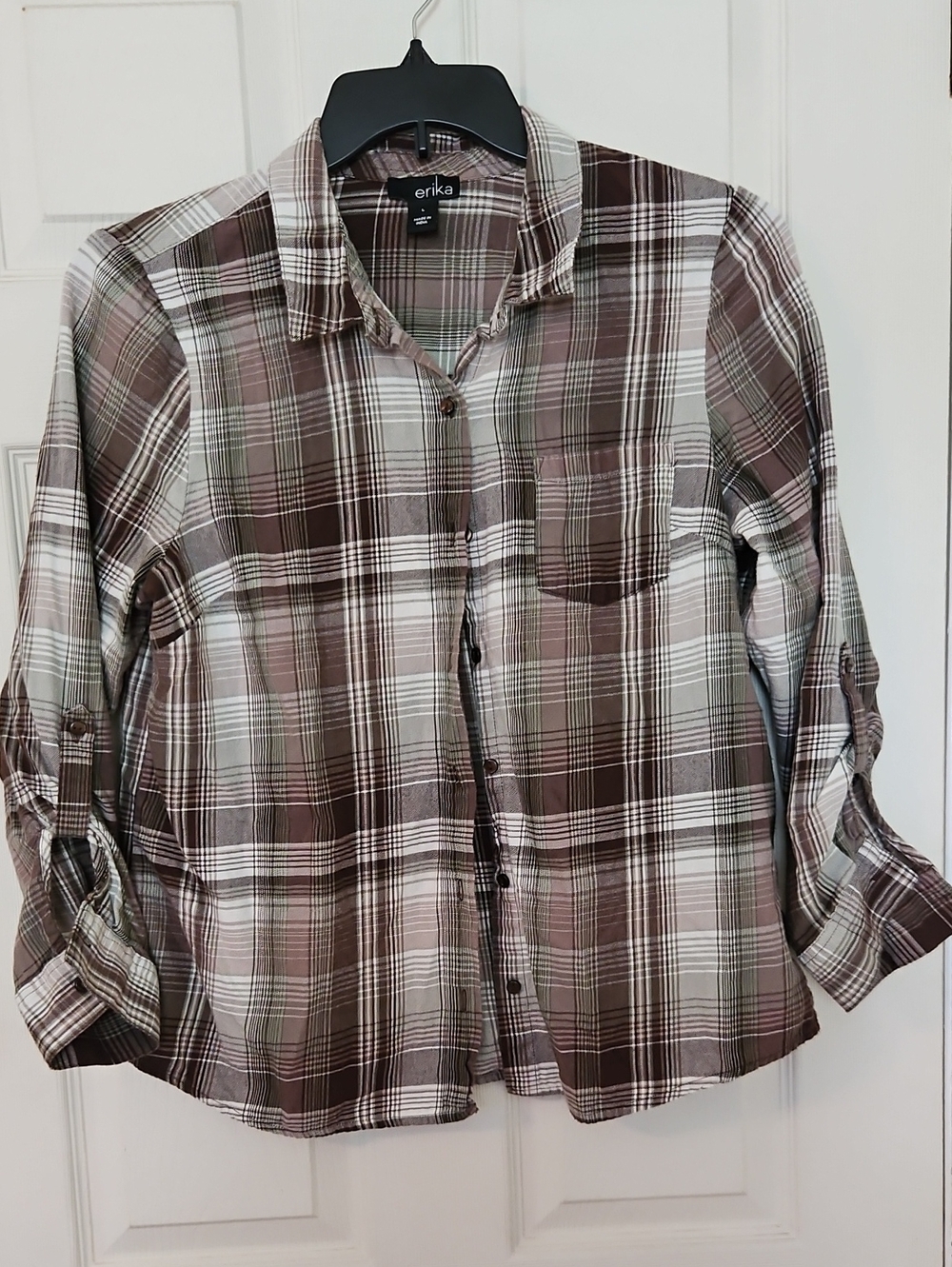 Erika Brown and Cream Plaid Women's Button-Down Shirt